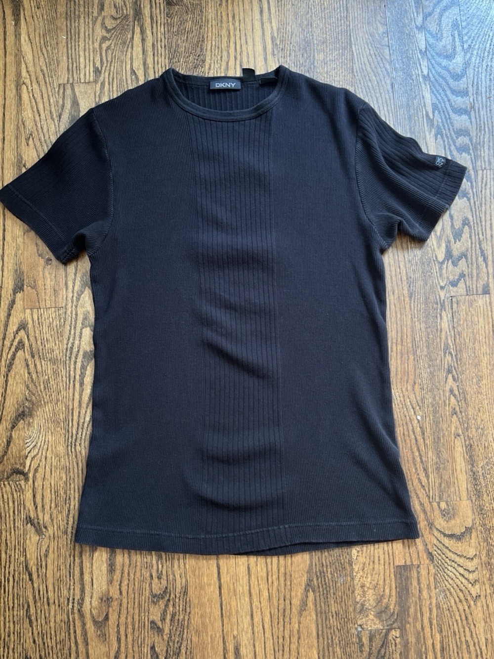 VTG Y2K DKNY Black T-Shirt Men’s Large Ribbed Cotton Knit Short Sleeve Stretchy